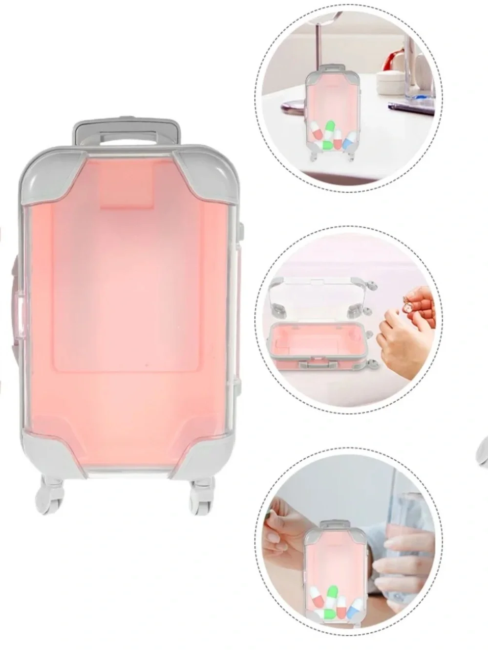 Pink Mini Suitcase Pill Organizer with Gray Trim
